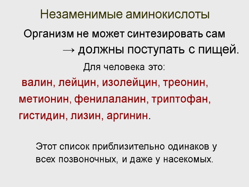 Незаменимые аминокислоты Организм не может синтезировать сам  → должны поступать с пищей. 